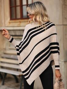EMERY ROSE Striped Pattern Asymmetrical Hem Poncho Jumper