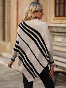 EMERY ROSE Striped Pattern Asymmetrical Hem Poncho Jumper