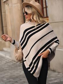 EMERY ROSE Striped Pattern Asymmetrical Hem Poncho Jumper