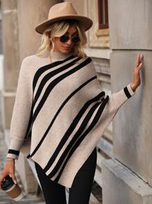 EMERY ROSE Striped Pattern Asymmetrical Hem Poncho Jumper