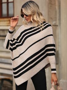 EMERY ROSE Striped Pattern Asymmetrical Hem Poncho Jumper