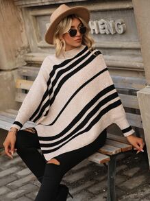 EMERY ROSE Striped Pattern Asymmetrical Hem Poncho Jumper