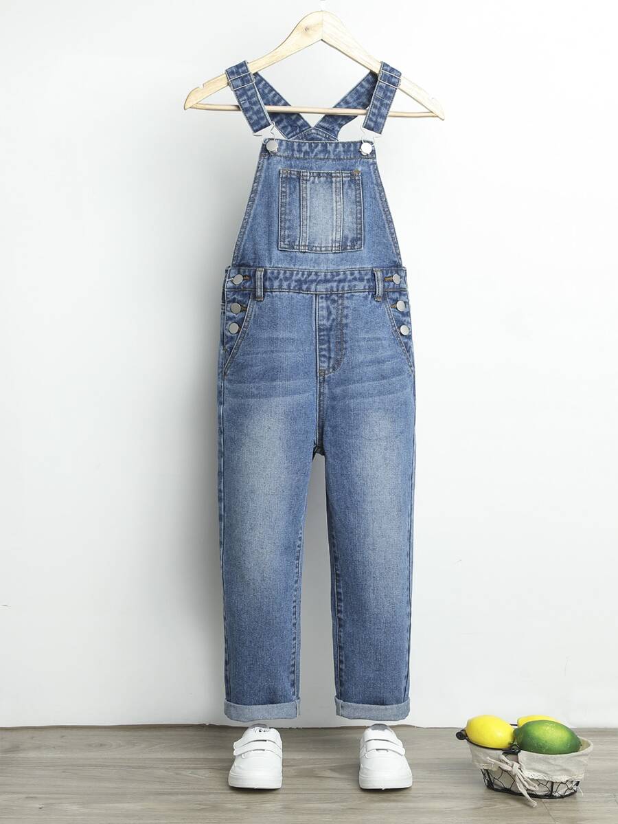 SHEIN Tween Girl Cat Whisker Washed Denim Overalls Chic Outfits For Spring/Autumn/Winter