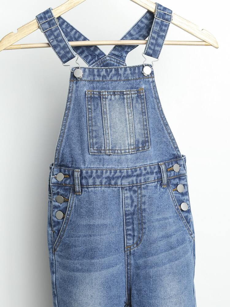 SHEIN Tween Girl Cat Whisker Washed Denim Overalls Chic Outfits For Spring/Autumn/Winter - Medium Wash - View 5