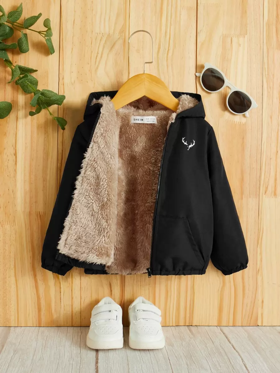 SHEIN Baby Boy Antler Print Teddy Lined Zipper Hooded Jacket - Black - View 1