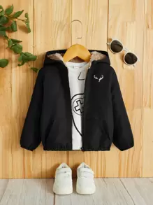 SHEIN Baby Boy Antler Print Teddy Lined Zipper Hooded Jacket - Black - View 3