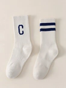2雙男士條紋和字母圖案中筒襪 - 白色 - 查看 1