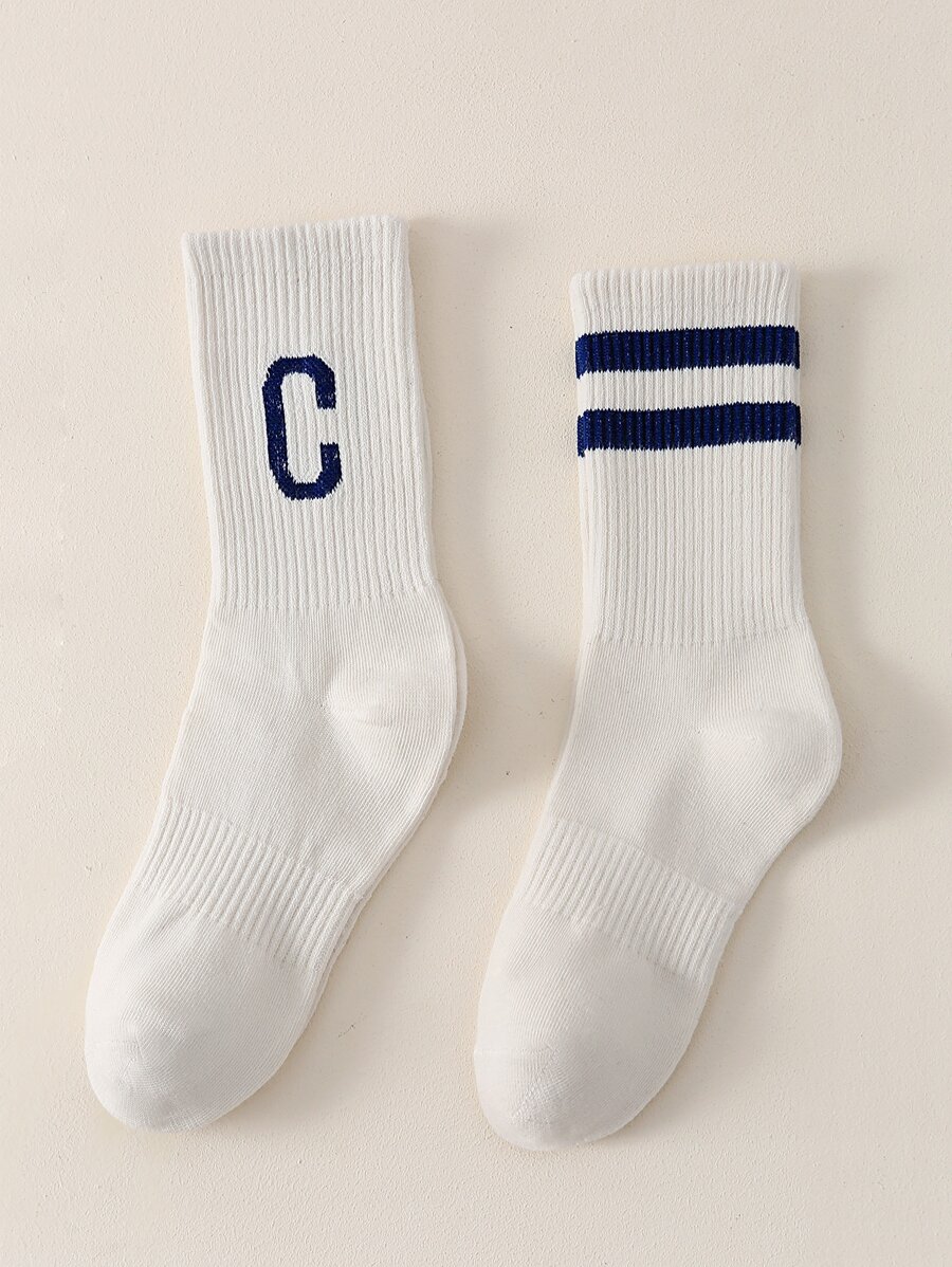 2雙男士條紋和字母圖案中筒襪 - 白色 - 查看 1