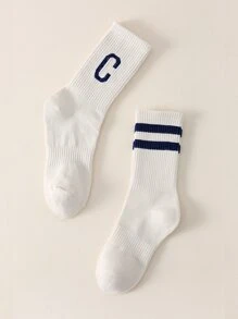 2雙男士條紋和字母圖案中筒襪 - 白色 - 查看 2