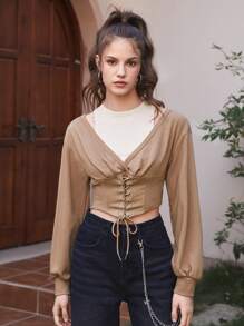 SHEIN MOD 2 In 1 Lace Up Front Sweatshirt - Khaki - View 2