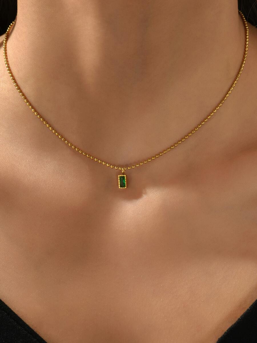 18k 鍍金,低調奢華,小號綠石吊墜不銹鋼金方形綠石吊墜項鍊,日常佩戴和送給朋友的節日禮物 - 金黃色 - 查看 1