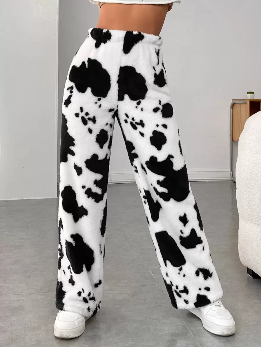 Muchica High Waist Cow Print Shearling Pants