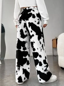 Muchica High Waist Cow Print Shearling Pants