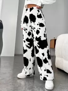 Muchica High Waist Cow Print Shearling Pants