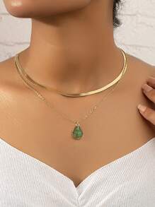 Water-drop Charm Layered Necklace - Green - View 1