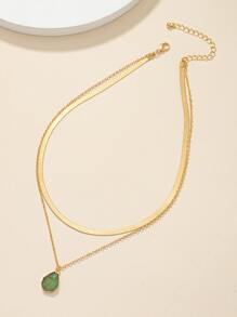 Water-drop Charm Layered Necklace - Green - View 2