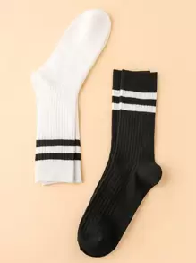 2雙條紋圖案中筒襪 - 黑與白 - 查看 2