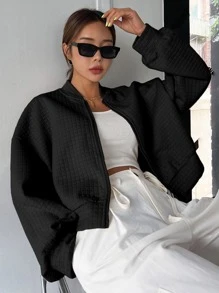 DAZY Letter Patched Zip Up Drop Shoulder Bomber Jacket Fall,Winter - Black - View 1