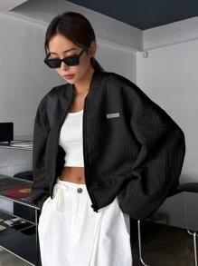 DAZY Letter Patched Zip Up Drop Shoulder Bomber Jacket Fall,Winter - Black - View 3