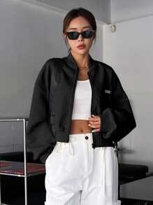 DAZY Letter Patched Zip Up Drop Shoulder Bomber Jacket Fall,Winter - Black - View 4