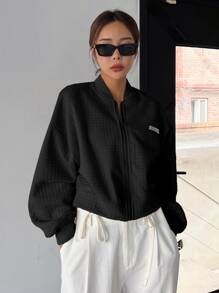 DAZY Letter Patched Zip Up Drop Shoulder Bomber Jacket Fall,Winter - Black - View 5