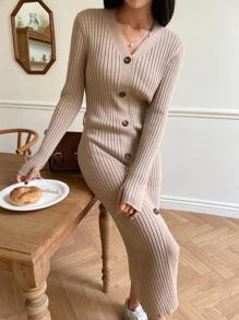 DAZY 前紐扣條紋針織腰帶毛衣洋裝 - 杏色 - 查看 3