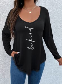 SHEIN Clasi Áo thun Plus size Bất đối xứng Lá thư Giải trí - màu đen - Xem 3