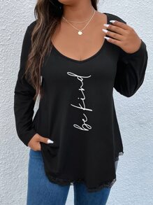 SHEIN Clasi Áo thun Plus size Bất đối xứng Lá thư Giải trí - màu đen - Xem 5