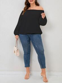 SHEIN LUNE 大碼一字肩蕾絲邊燈籠袖襯衫 - 黑色 - 查看 1