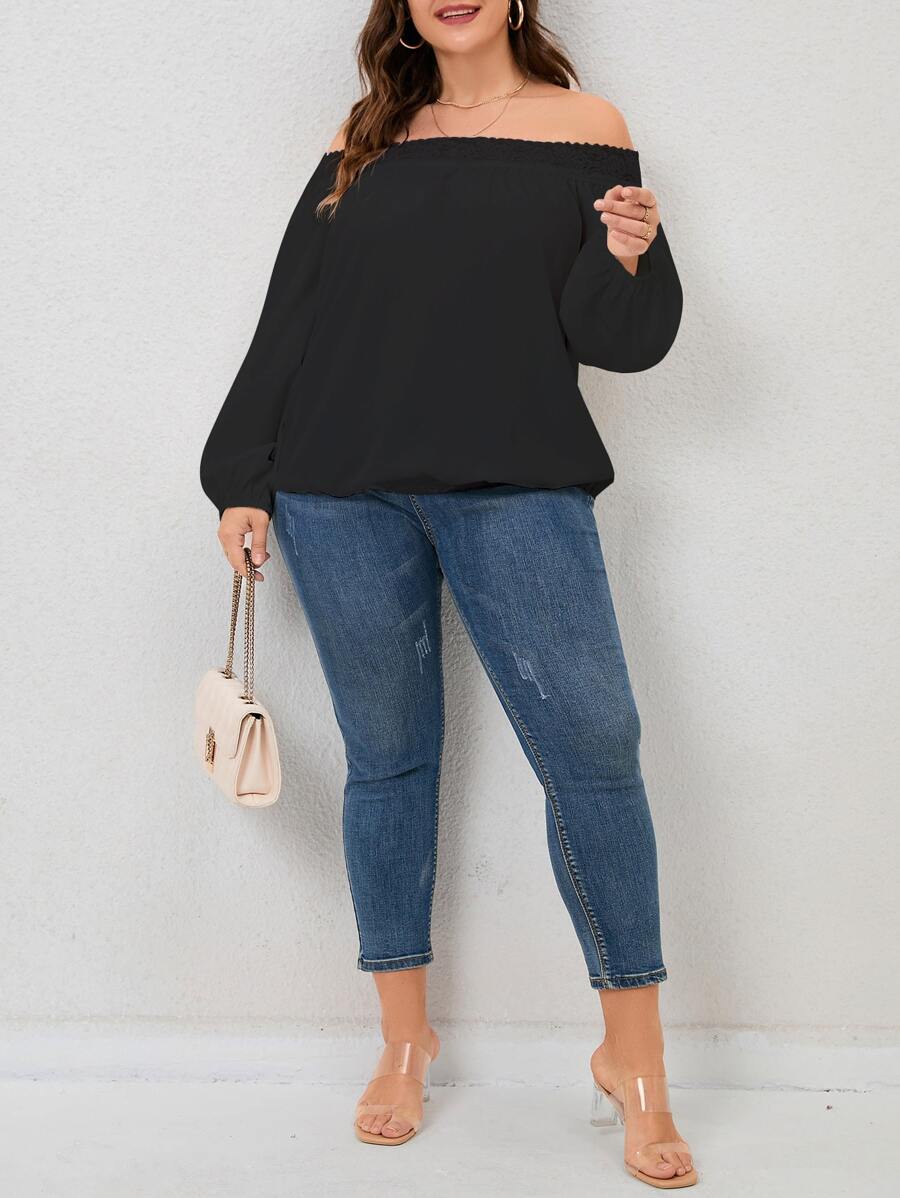 SHEIN LUNE 大碼一字肩蕾絲邊燈籠袖襯衫 - 黑色 - 查看 1