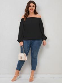 SHEIN LUNE 大碼一字肩蕾絲邊燈籠袖襯衫 - 黑色 - 查看 3