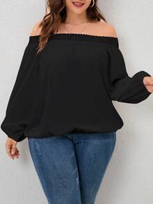 SHEIN LUNE 大碼一字肩蕾絲邊燈籠袖襯衫 - 黑色 - 查看 4