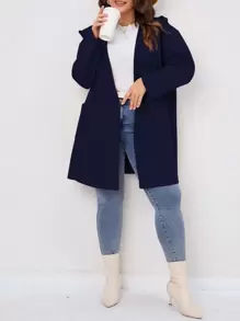 SHEIN LUNE Plus Pocket Patched Hooded Coat - Navy Blue - View 1