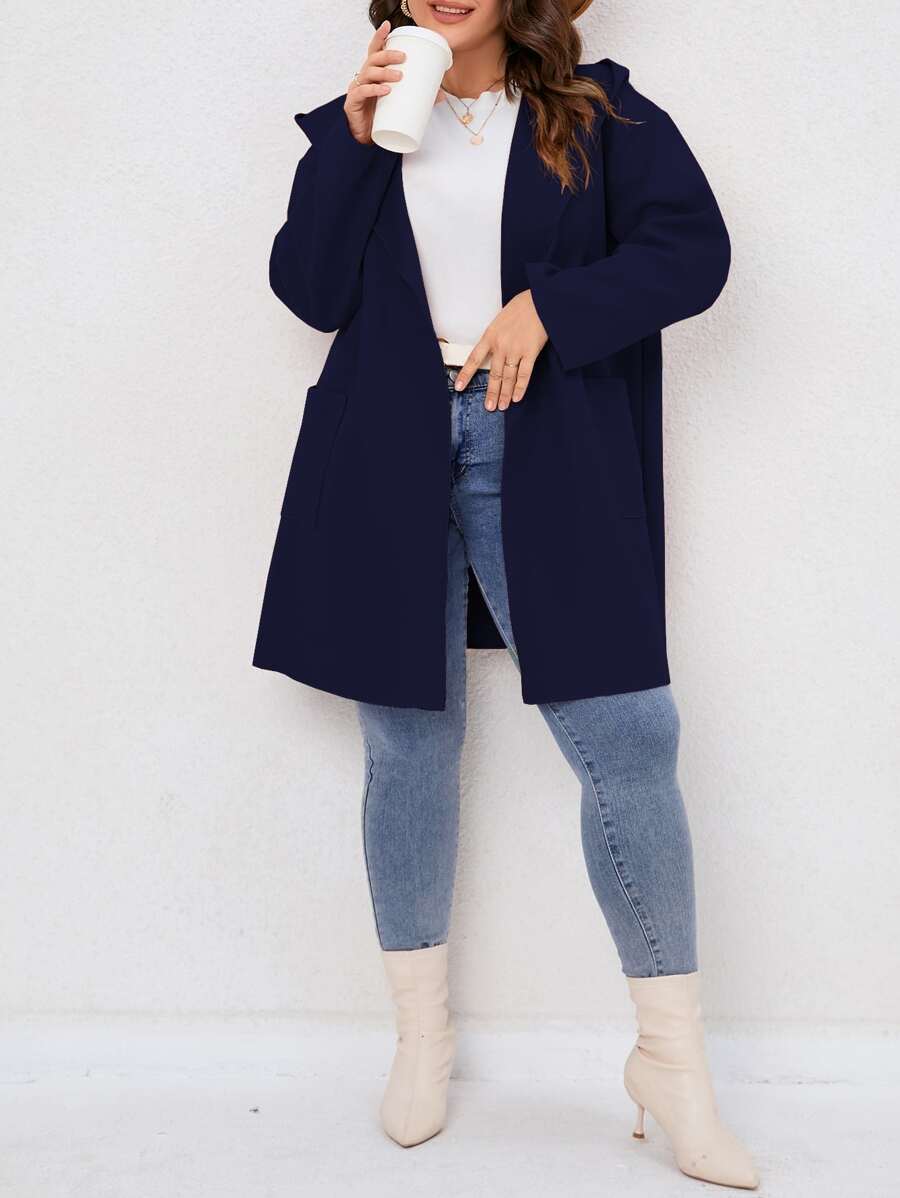 SHEIN LUNE Plus Pocket Patched Hooded Coat - Navy Blue - View 1