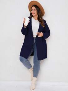 SHEIN LUNE Plus Pocket Patched Hooded Coat - Navy Blue - View 3