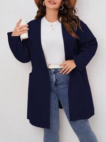 SHEIN LUNE Plus Pocket Patched Hooded Coat - Navy Blue - View 5