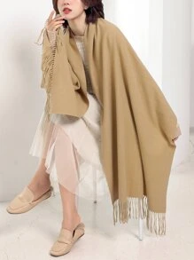 1 chal de bufanda cálido de cachemira sintética con flecos de color camel puro para mujer, talla grande, perfecto para uso diario - Camel - Ver 1