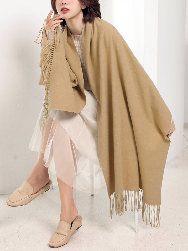 1 chal de bufanda cálido de cachemira sintética con flecos de color camel puro para mujer, talla grande, perfecto para uso diario