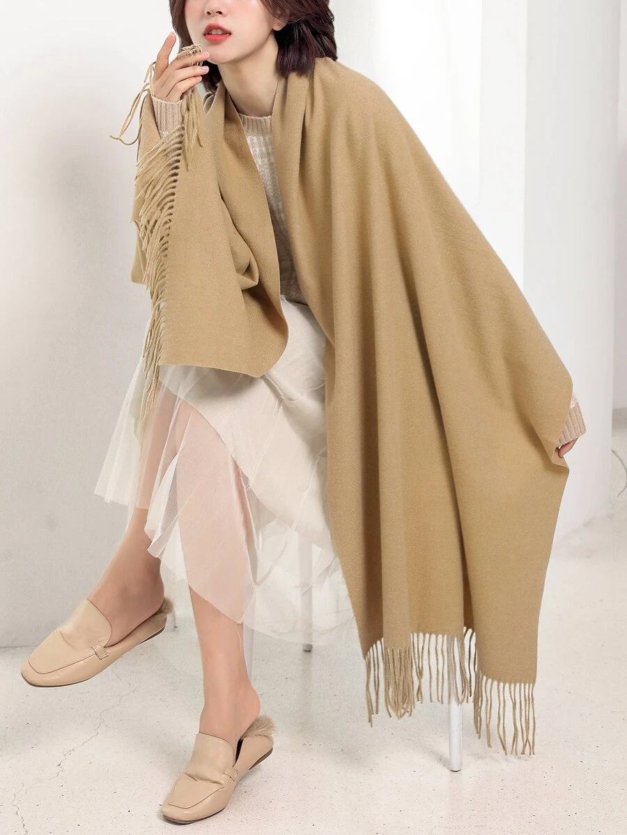 1 chal de bufanda cálido de cachemira sintética con flecos de color camel puro para mujer, talla grande, perfecto para uso diario - Camel - Ver 1