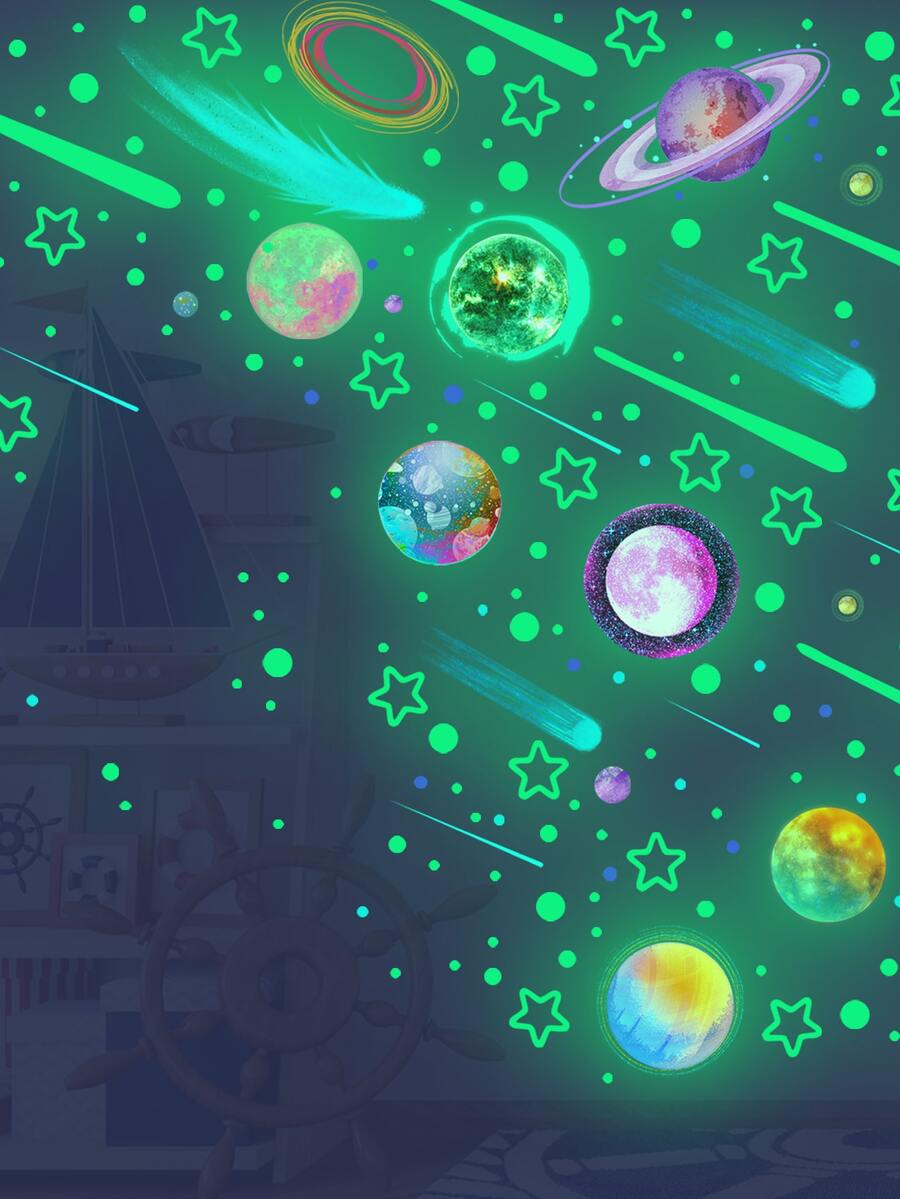 4 piezas Pegatina de pared brillante en oscuro con estampado de galaxia - Multicolor - Ver 1