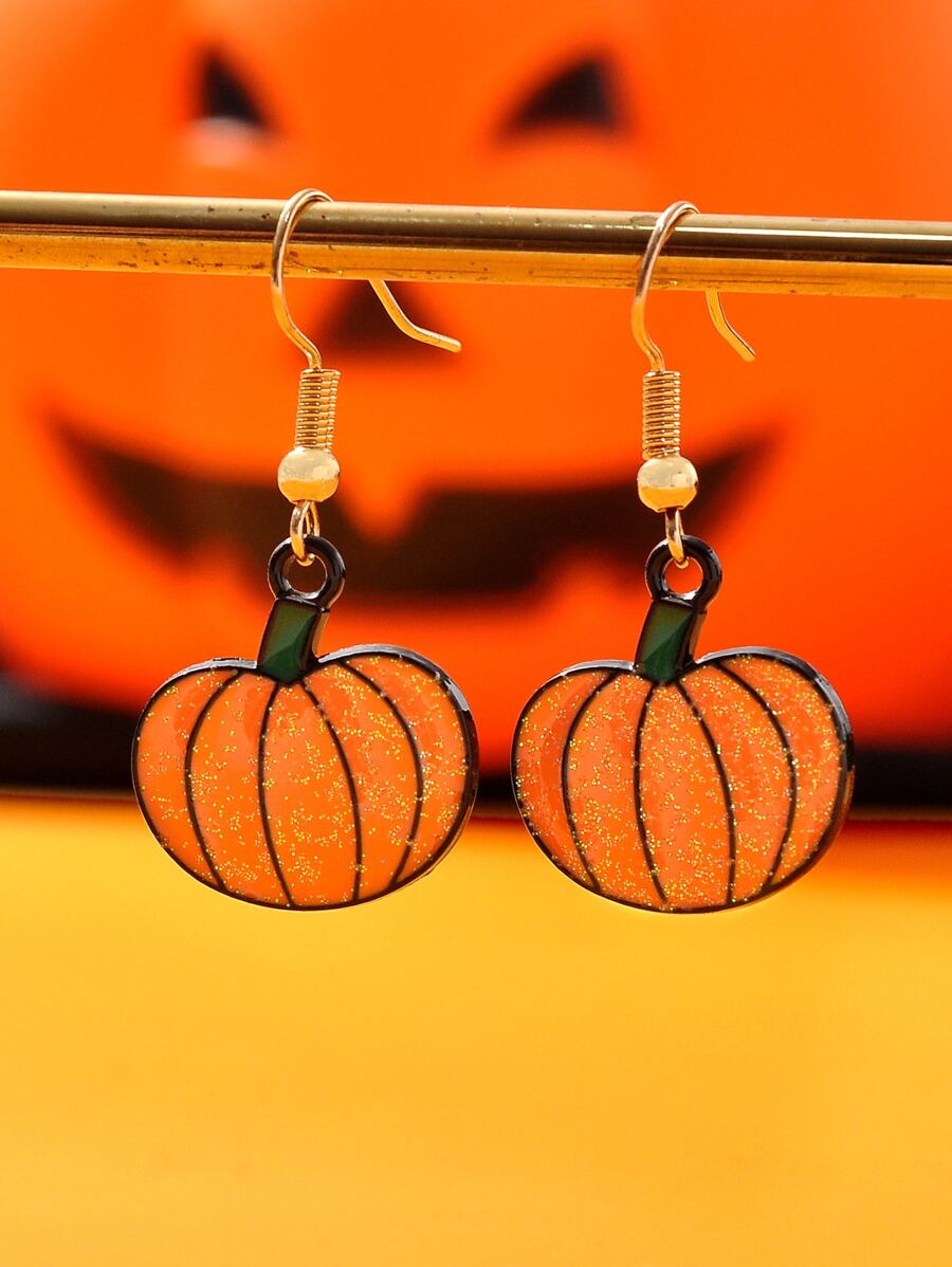 Halloween Pumpkin Drop Earrings - Orange - View 1