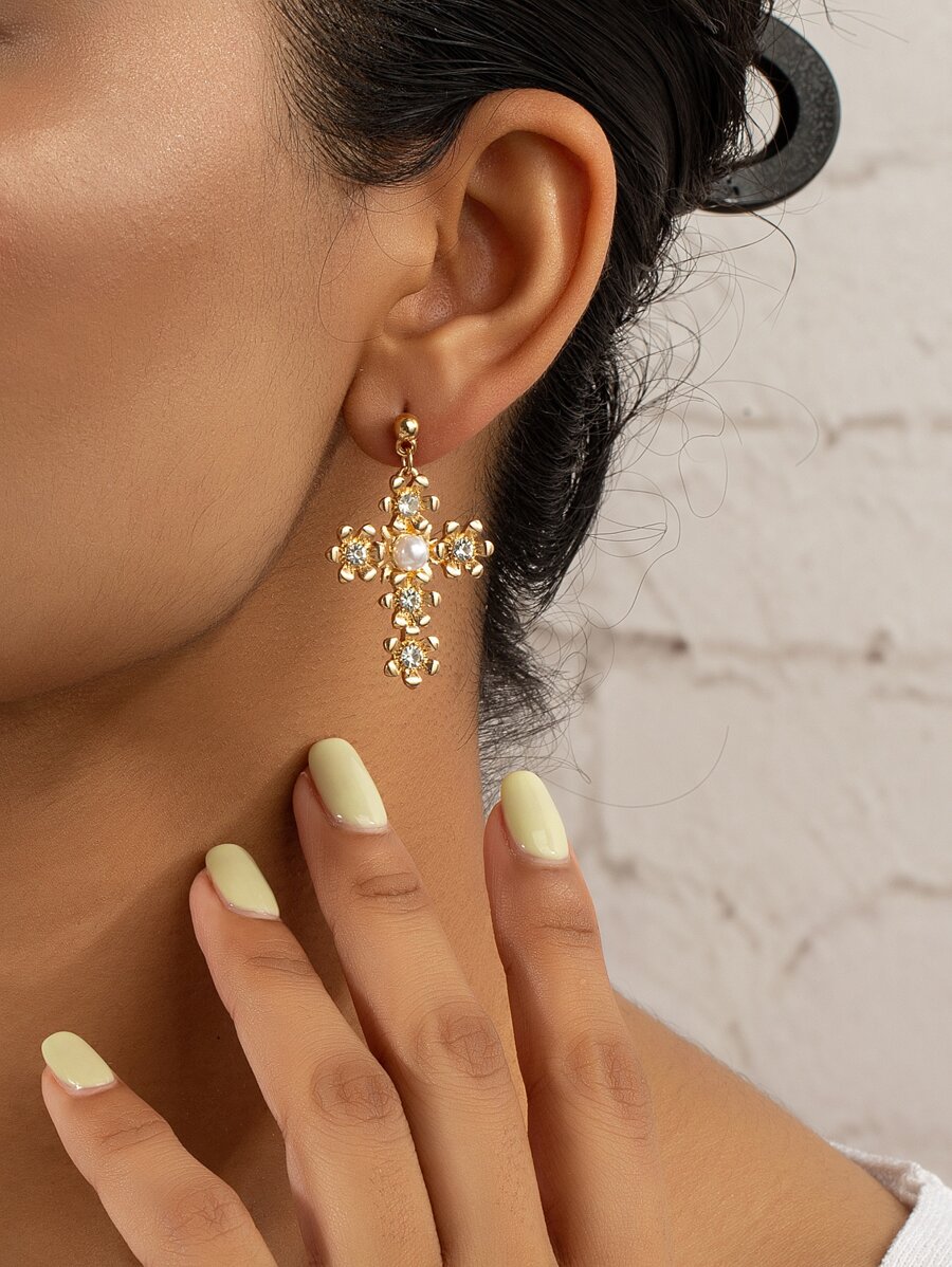 Hoa tai thả chữ thập Rhinestone & Faux Pearl Decor - Vàng - Xem 1