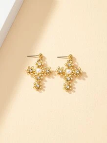 Hoa tai thả chữ thập Rhinestone & Faux Pearl Decor - Vàng - Xem 3