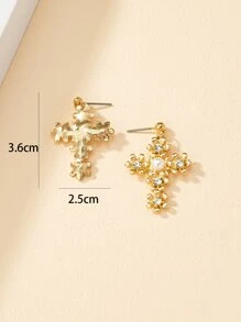 Hoa tai thả chữ thập Rhinestone & Faux Pearl Decor - Vàng - Xem 4