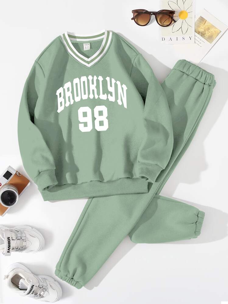 בנות 10-13 כיתוב גרפי עיטור פסים ריפוד תרמי סוודר ומכנס טרנינג - ירוק מנטה - ראה 1