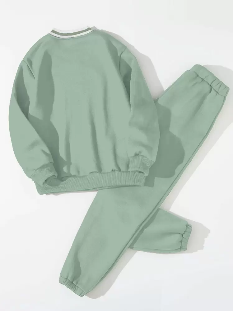 בנות 10-13 כיתוב גרפי עיטור פסים ריפוד תרמי סוודר ומכנס טרנינג - ירוק מנטה - ראה 2