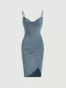 SHEIN BAE Solid Draped Wrap Cami Dress - Dusty Blue - View 2