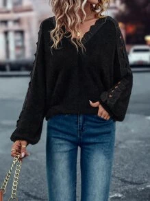SHEIN Unity Áo len nữ màu trơn Giải trí - màu đen - Xem 1