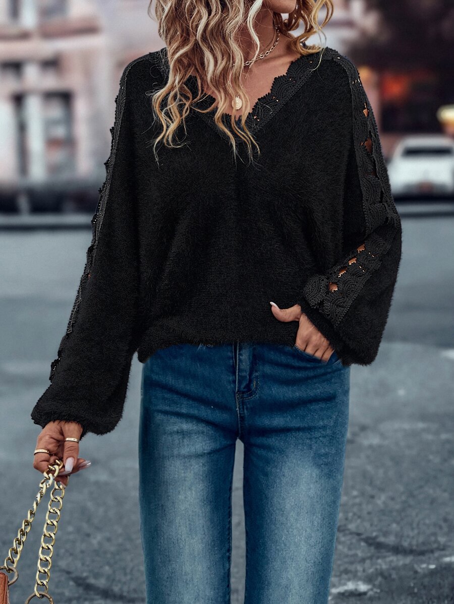 SHEIN Unity Áo len nữ màu trơn Giải trí - màu đen - Xem 1