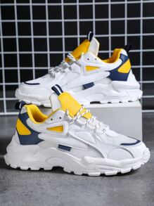 Men Mesh Panel Lace-up Front Chunky Sneakers - White - View 1